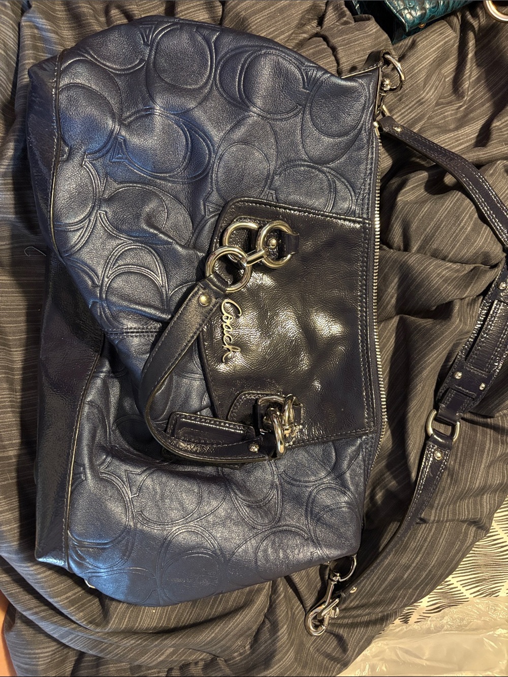 Coach Navy Embossed Leather Shoulder Bag with Polished Hardware